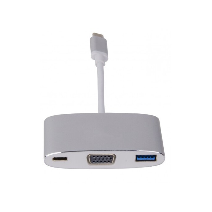 Adaptateur multiport de chargement USB-C (m) vers VGA & USB 3.0 (f) & USB-C, aluminium, argent