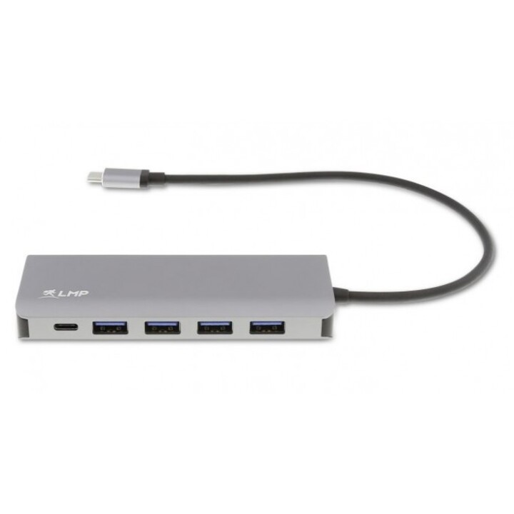 USB-C Hub, 7 port USB-A (4) & USB-C (3) hub, charging function (BC1.2), external power supply (36W), space gray