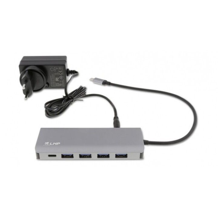 USB-C Hub, 7 port USB-A (4) & USB-C (3) hub, charging function (BC1.2), external power supply (36W), space gray