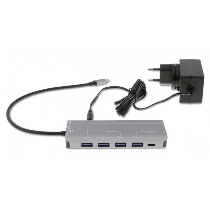 Concentrador USB-C, concentrador USB-A (4) y USB-C (3) de 7 puertos, función de carga (BC1.2), fuente de alimentación externa (3