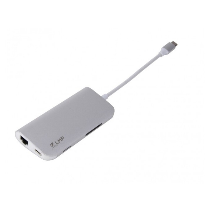 Mini dock USB-C de 8 portas com HDMI, 3x USB 3.0, Ethernet, SD / MicroSD, carregamento USB-C, prata