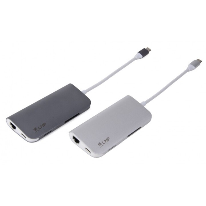 USB-C mini Dock 8-port with HDMI, 3x USB 3.0, Ethernet, SD/MicroSD, USB-C charging, Silver