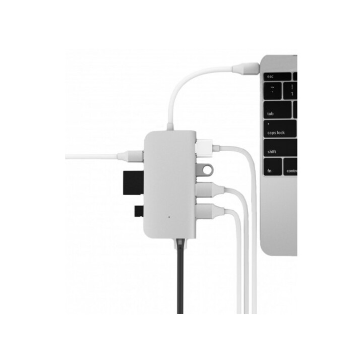 USB-C mini Dock 8-port with HDMI, 3x USB 3.0, Ethernet, SD/MicroSD, USB-C charging, Silver
