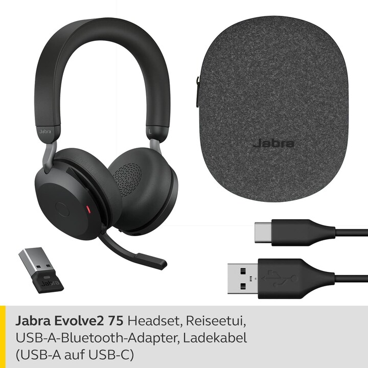 Micro-casque stéréo Jabra Evolve2 75 UC supra-auriculaire (Bluetooth, sans fil, ANC, USB)