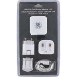 USB Dual Power Adapter 10W, Plugs Euro/USA/UK, iPod, iPhone & iPad, 5V/2.1A, USB Lightning cable