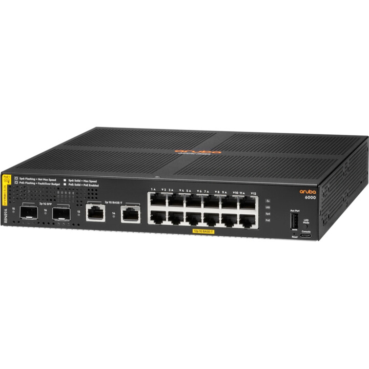 HPE Aruba CX 6000 12G Klasse4 PoE 2G/2SFP 139W managed Switch (12 Ports + 2x 1G SFP-Ports 2x 1-GbE-Ports R8N89A)