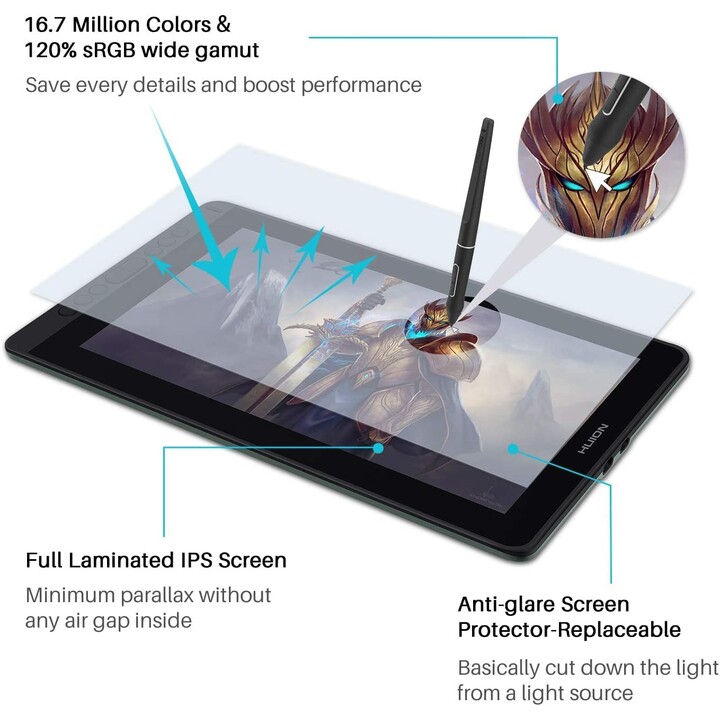 HUION Kamvas 13 digitalizador tablet 5080 linhas por polegada 293,76 x 165,24 mm USB preto