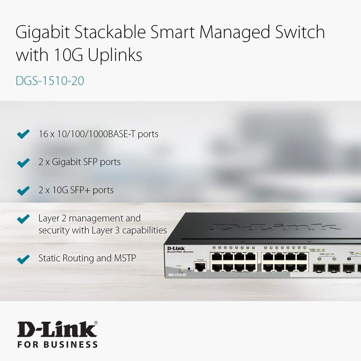 D-Link DGS-1510-20 switch Gestionado L3 Gigabit Ethernet (10/100/1000) Negro