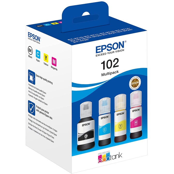 Pacote de tinta de recarga Epson Original EcoTank 102 de 4, preto, ciano, magenta, amarelo