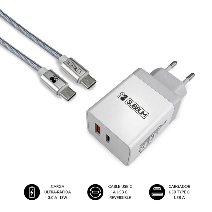 Subblim SUB-CHG-3WPD01 / Chargeur mural USB + Câble USB Type-C / 2.4A / Blanc