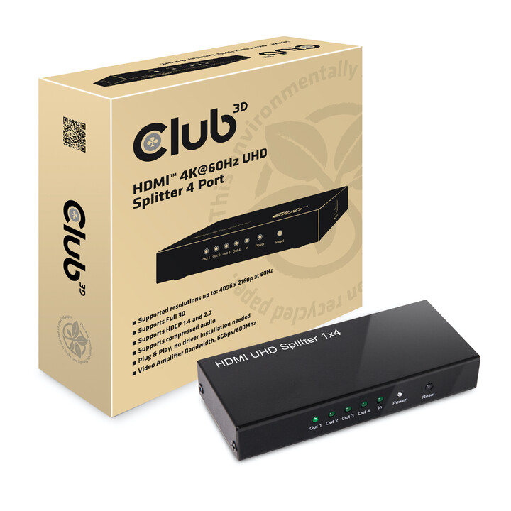 CLUB 3D HDMI 4K60Hz UHD Splitter AC Power 4 ports