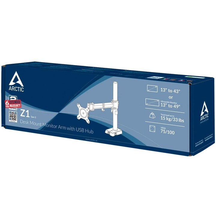 ARCTIC Z1 Gen 3 monitor arm for displays from 13" to 49" (tilt, swivel, height adjustable, USB 2.0 hub)
