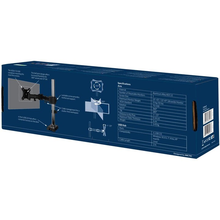 ARCTIC Z1 Gen 3 monitor arm for displays from 13" to 49" (tilt, swivel, height adjustable, USB 2.0 hub)