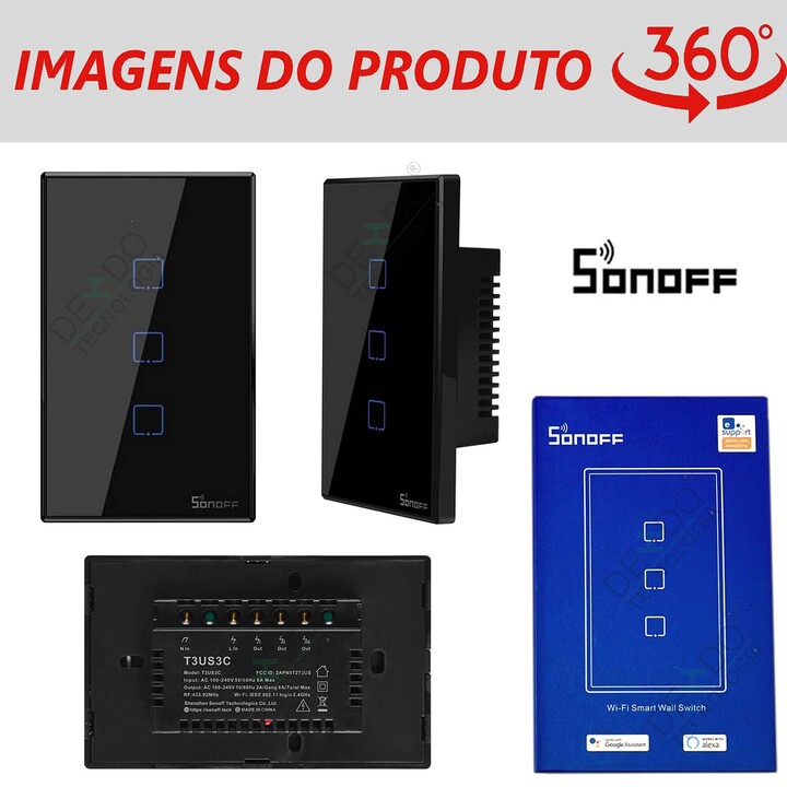 T3US3C - 3-gang Wi-Fi Smart Wall Switch US - Black