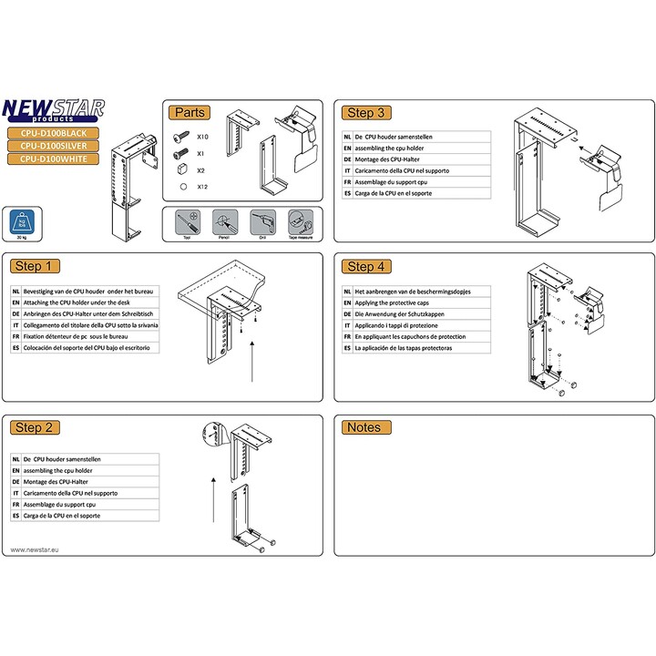 Neomounts CPU-D100BLACK Soporte para CPU/PC, máx. 30 kg, universal, negro