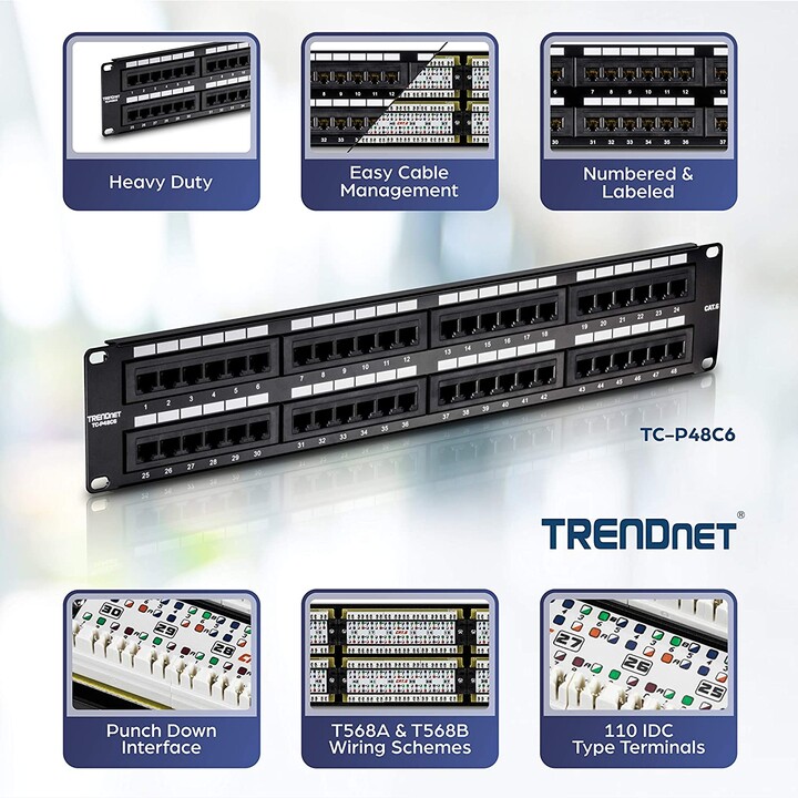 Patch Panel TRENDnet TC-P48C6/ 48 Portas/ Cat.6/ Altura 2U