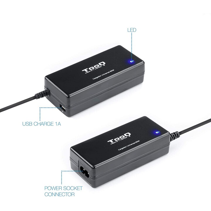 Chargeur d'ordinateur portable TooQ TQLC-65BS02AT / 65W / automatique / 8 connecteurs / tension 18,5-20V