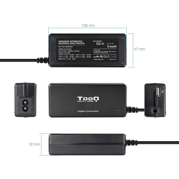 Chargeur d'ordinateur portable TooQ TQLC-65BS02AT / 65W / automatique / 8 connecteurs / tension 18,5-20V