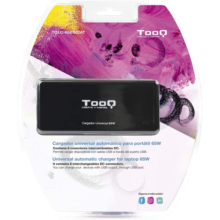 Chargeur d'ordinateur portable TooQ TQLC-65BS02AT / 65W / automatique / 8 connecteurs / tension 18,5-20V