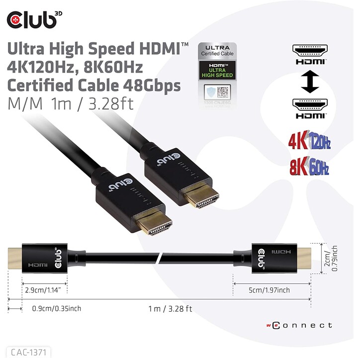 CLUB 3D CAC-1371 Cavo HDMI 2.1 ad altissima velocità 10K 120Hz 48Gbps M/M 1 metro