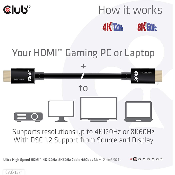 CLUB 3D CAC-1371 Cavo HDMI 2.1 ad altissima velocità 10K 120Hz 48Gbps M/M 1 metro