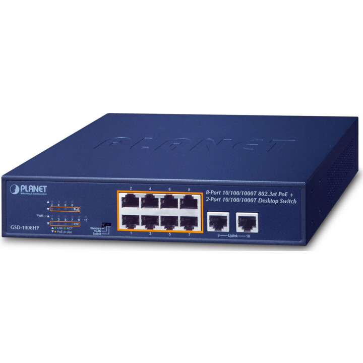 PLANET GSD-1008HP commutateur réseau Non-géré Gigabit Ethernet (10/100/1000) Connexion Ethernet, supportant l'alimentation via c