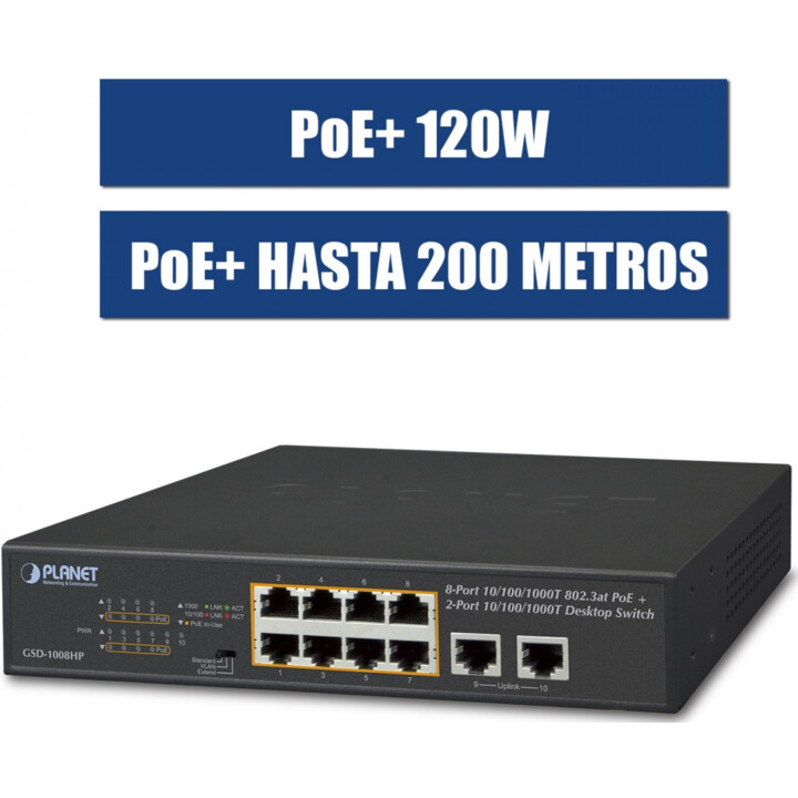 PLANET GSD-1008HP commutateur réseau Non-géré Gigabit Ethernet (10/100/1000) Connexion Ethernet, supportant l'alimentation via c