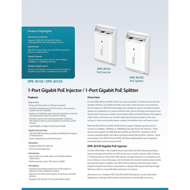 Splitter PoE D-Link DPE-301GS/ RJ45 Femmina - RJ45 Femmina