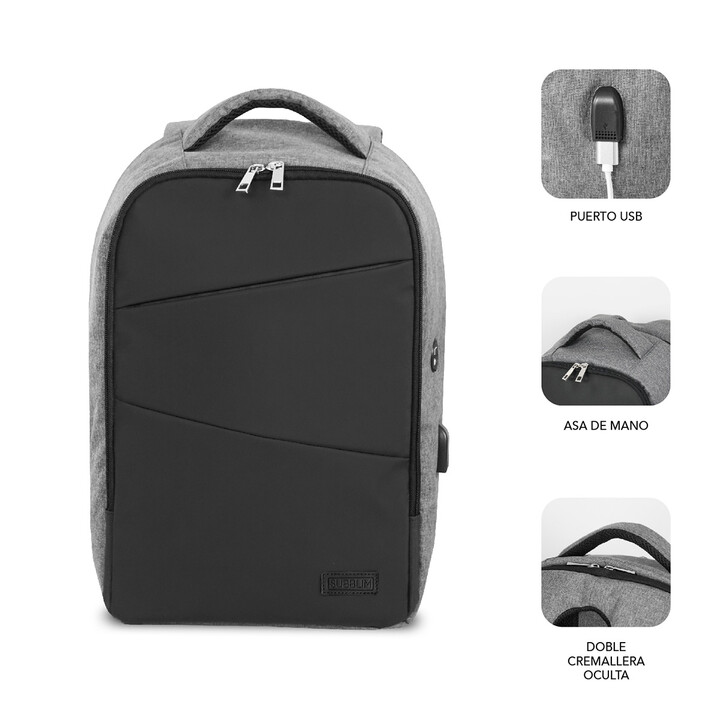 Subblim Secure V2 AP RucksackfürLaptops bis 15,6'/ USB-Anschluss/ Diebstahlschutz/ Grau