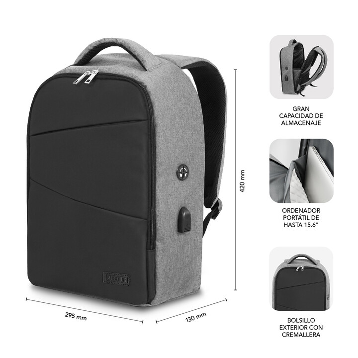 Subblim Secure V2 AP RucksackfürLaptops bis 15,6'/ USB-Anschluss/ Diebstahlschutz/ Grau