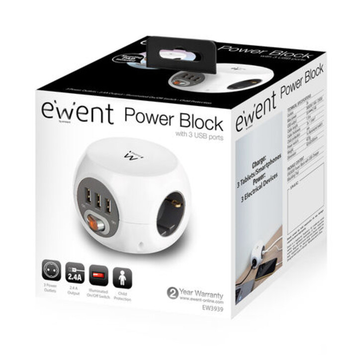CUBE STRIP EWENT EW3939 3TOMAS + 3USB C/Switch BRANCO