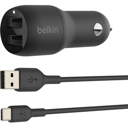 Cargador Usb Belkin 24W 4.8A 2Xusb Negro Para Coche + Cable Usb-C