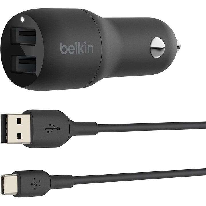 BELKIN 24W 4.8A 2XUSB PRETO CARREGADOR USB PARA CARRO + CABO USB-C