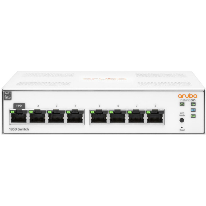 Conmutador gestionado HPE Aruba Instant On 1830 8G UE sin ventilador 0dB (8 puertos RJ45 10/100/1000 JL810A)