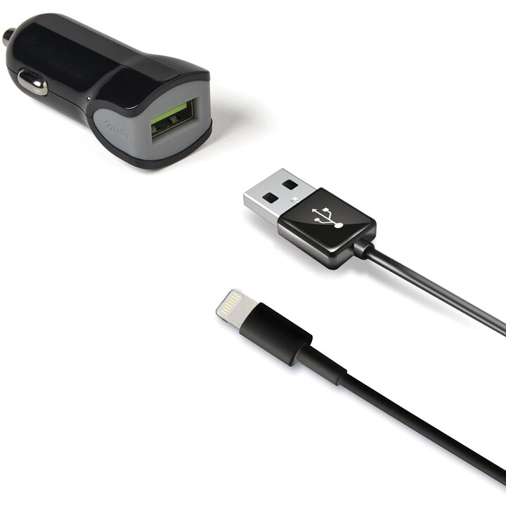 Cargador Usb Celly 2.4A + Cable Lightning Negro Para Coche