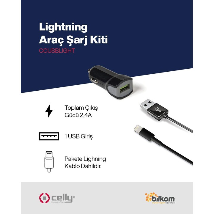 Cargador Usb Celly 2.4A + Cable Lightning Negro Para Coche