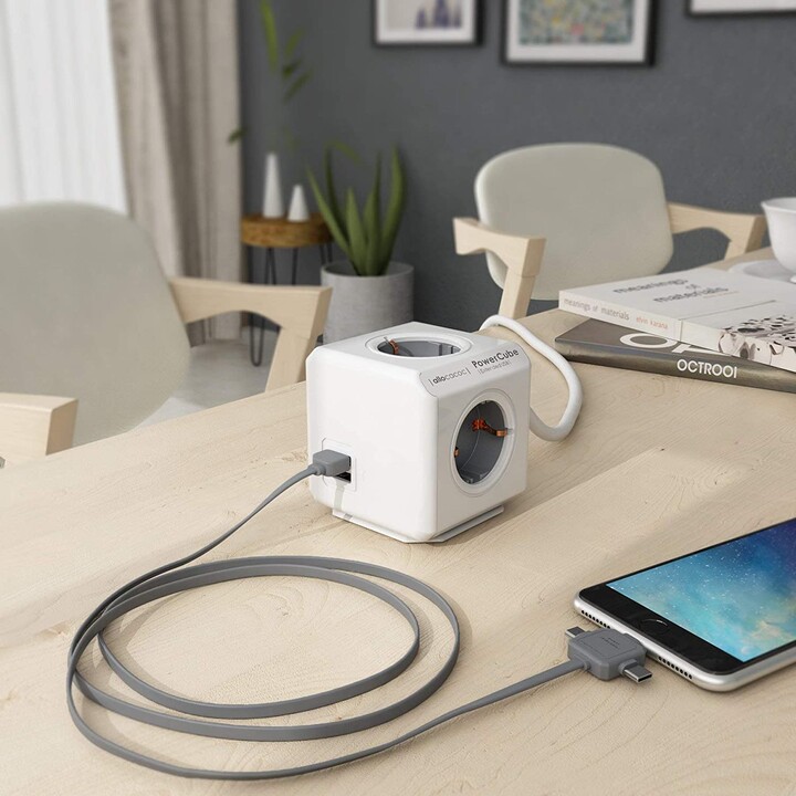 POWERCUBE EXTENDED USB STRIP 4 SOCKETS WHITE / GREEN 1.5M