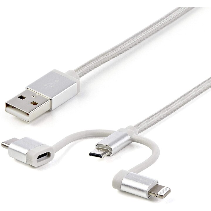 CABLE STARTECH USB 2.0 A MALE / MICRO USB B MALE + ADAP LIGHTNING + ADAP USB-C MALE 1M SILVER