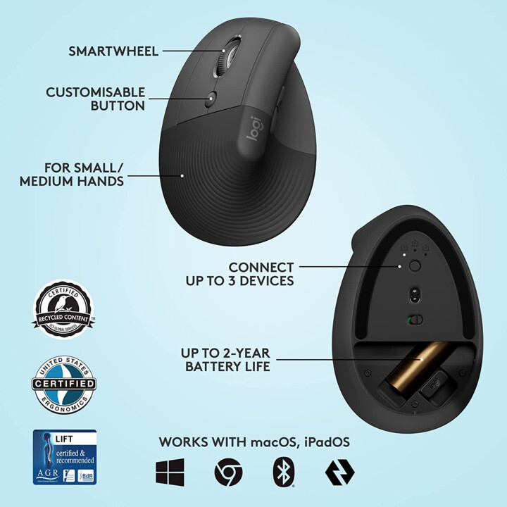MOUSE LOGITECH SOLLEVATORE SENZA FILI VERTICALE SINISTRA GRAFITE