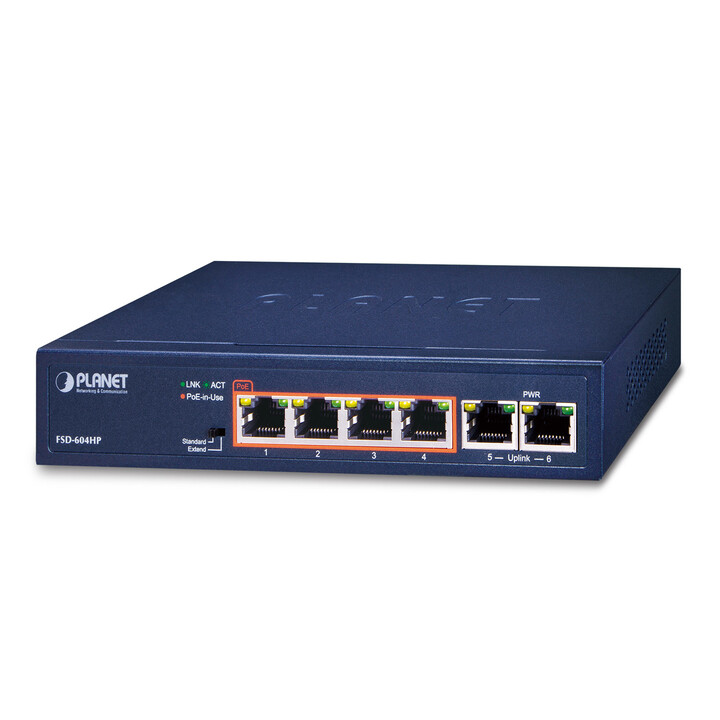 Comutador PLANET FSD-604HP Fast Ethernet não gerenciado (10/100) Power over Ethernet (PoE) Azul