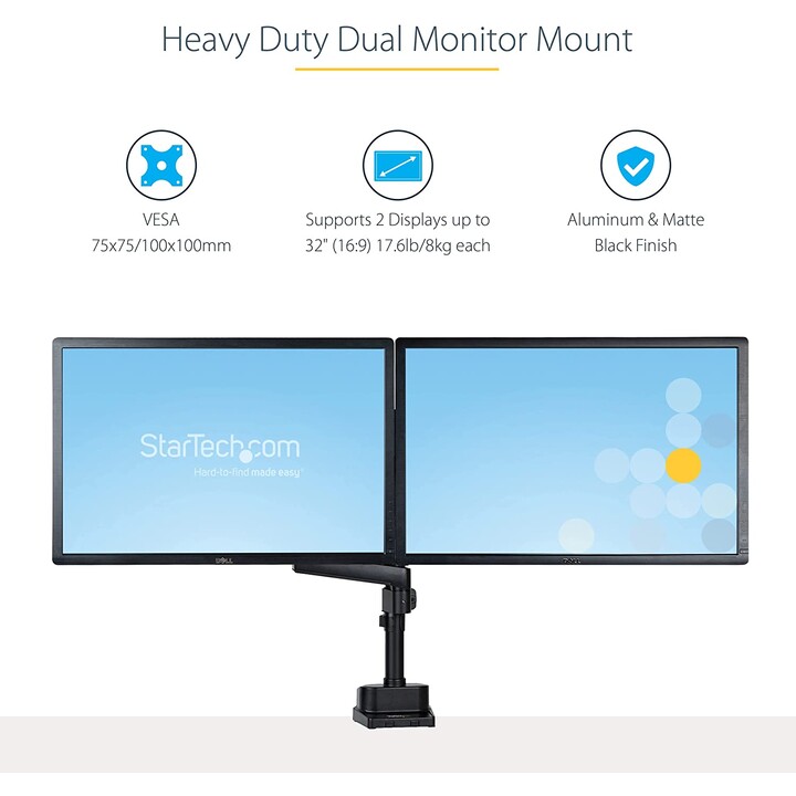 StarTech.com Bras pour Double Moniteur, Support de Moniteur à Mouvement Complet pour 2 Écrans VESA jusqu'à 32" (8kg), Réglable e