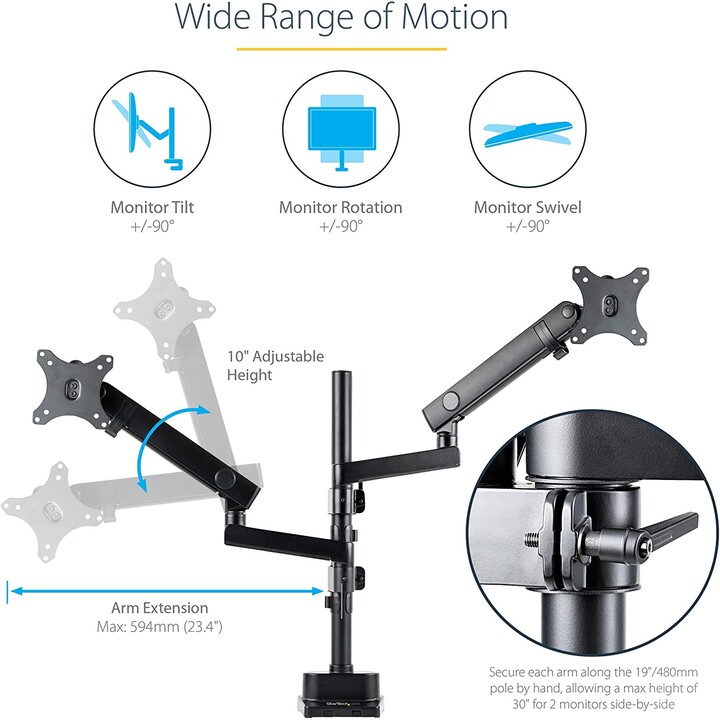 StarTech.com Bras pour Double Moniteur, Support de Moniteur à Mouvement Complet pour 2 Écrans VESA jusqu'à 32" (8kg), Réglable e