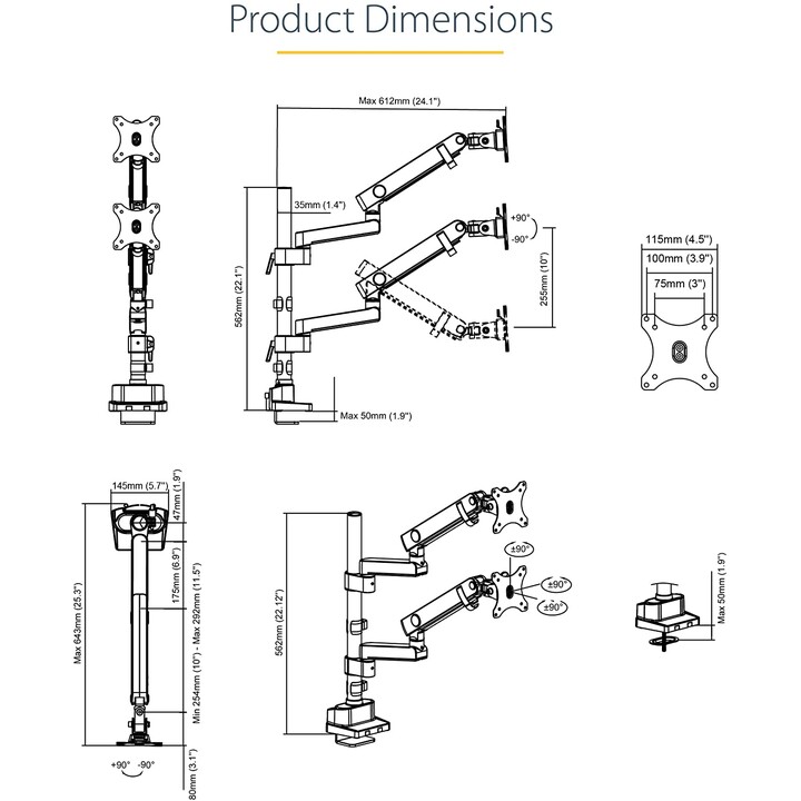 StarTech.com Bras pour Double Moniteur, Support de Moniteur à Mouvement Complet pour 2 Écrans VESA jusqu'à 32" (8kg), Réglable e