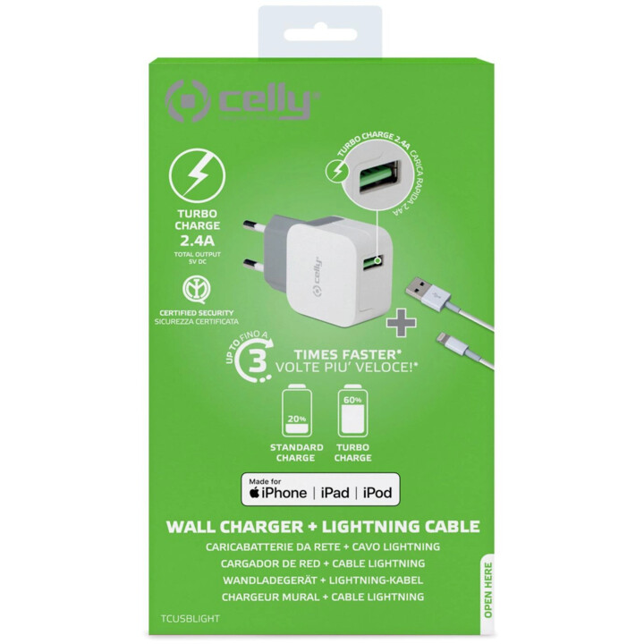 CARGADOR USB CELLY TURBO 2.4A + CABLE LIGHTNING PARA CASA
