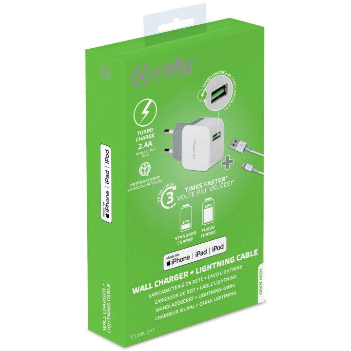 CARICATORE USB CELLY TURBO 2.4A + CAVO LIGHTNING PER LA CASA
