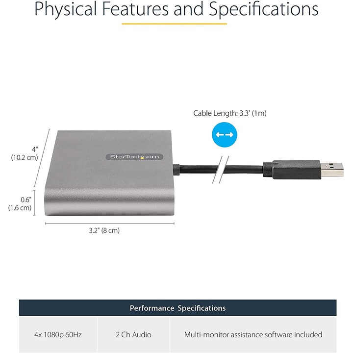 StarTech.com Adaptateur USB 3.0 vers 4x HDMI - Carte Vidéo & Graphique Externe - Convertisseur USB Type-A vers Quadruple Écran H