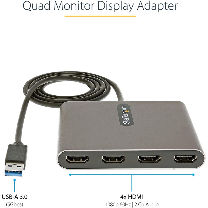 StarTech.com Adaptateur USB 3.0 vers 4x HDMI - Carte Vidéo & Graphique Externe - Convertisseur USB Type-A vers Quadruple Écran H