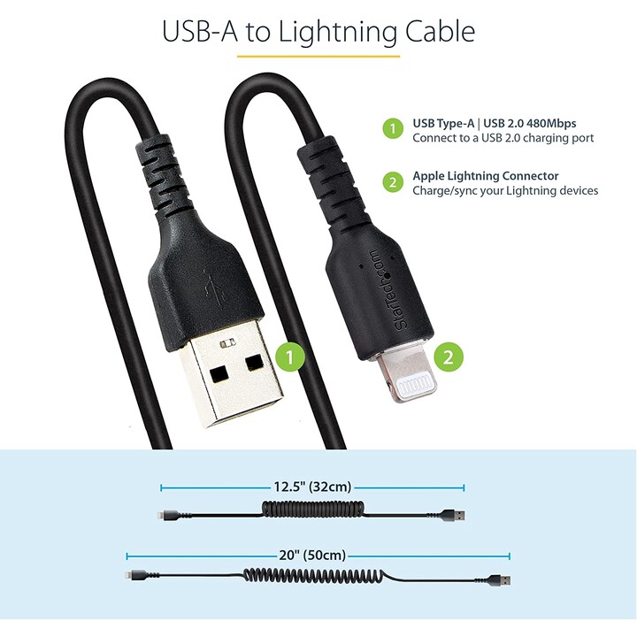 StarTech.com RUSB2ALT50CMBC cabo USB-A para Lightning espiralado 50 cm MFi preto