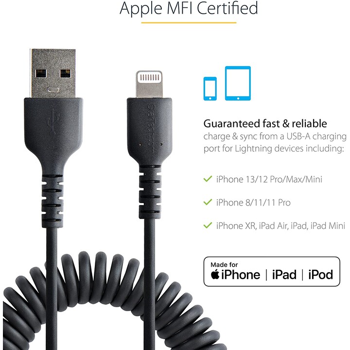 StarTech.com RUSB2ALT50CMBC câble USB-A vers Lightning spiralé 50 cm MFi noir