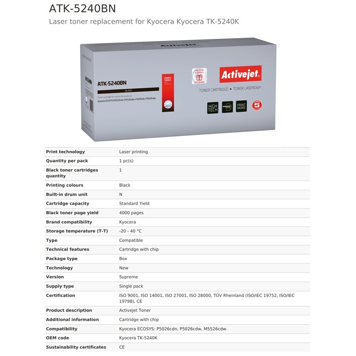 Activejet Cartucho de tóner ATK-5240BN (repuesto Kyocera TK-5240K Supreme 4000 páginas negro)
